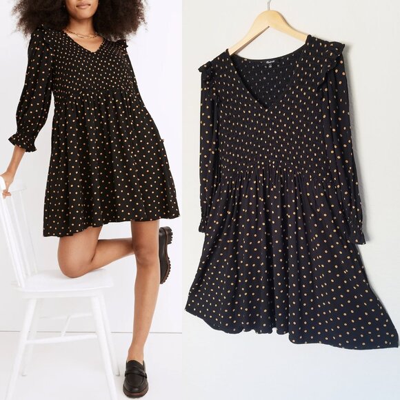 Madewell Lucie V-Neck Smocked Mini Dress in Oval Dot True Black Smocked S $119 - Picture 4 of 16